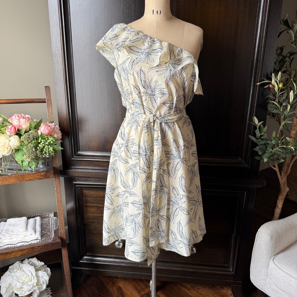 Banana Republic One Shoulder Ruffle Dress Cotton Leaf Print Belted Sz M Blue NWT